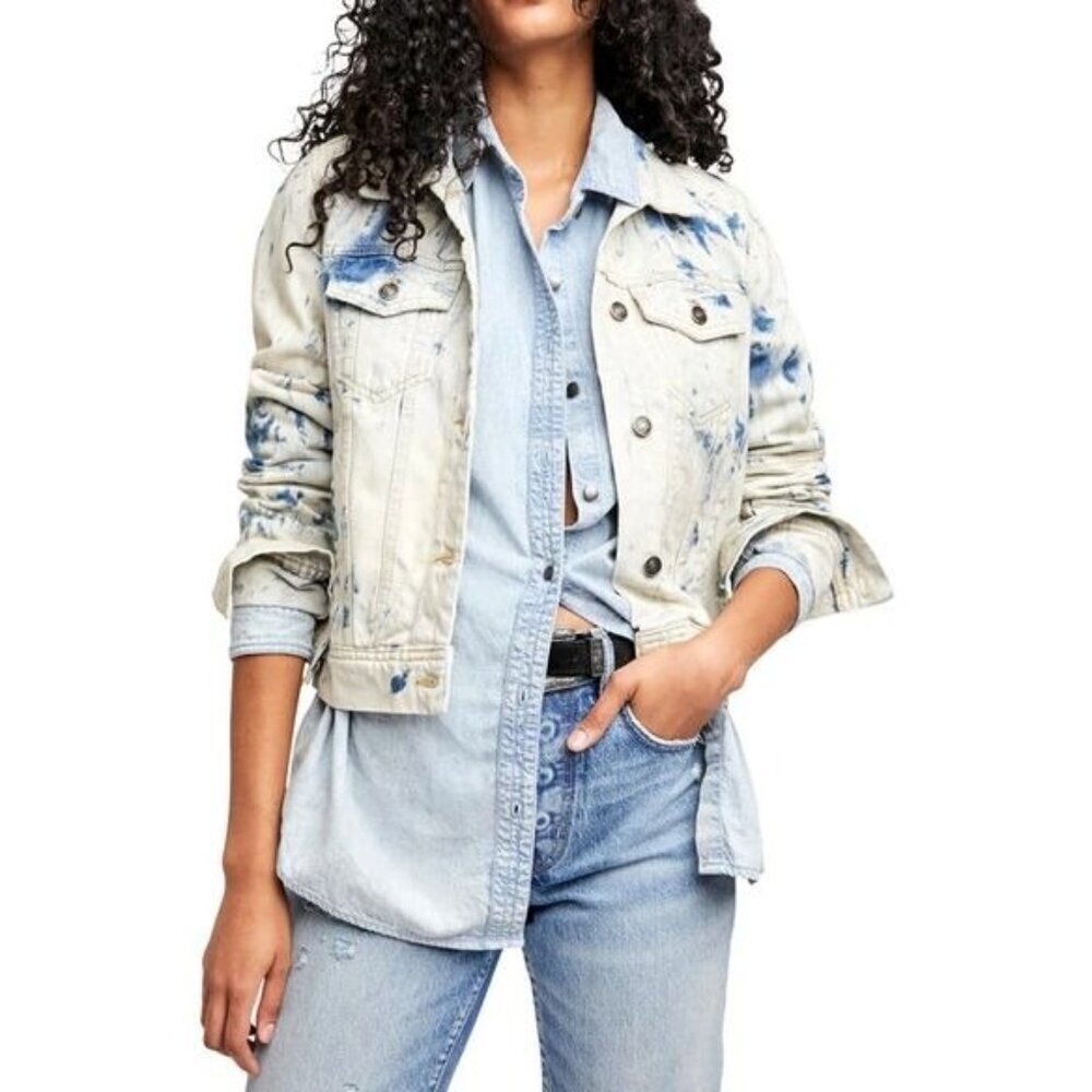 Free People Women's OB809197 Blue Trucker Jacket Jones Tie Dye Size XS (C-1)